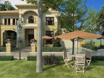 Villa Exterior with Patio and Greenery 3D model