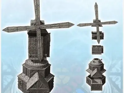 Medieval mill with quadruple blades and base annex 12 - Medieval 3D print model