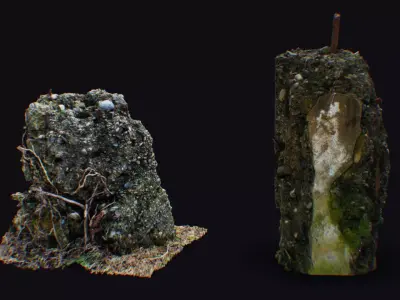Old Remain Pillar Covered Moss Roots Beam Concrete Rustic Pole 3D model