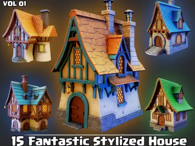 15 Fantastic Stylized Houses Game Ready VOL01 Low-poly 3D model