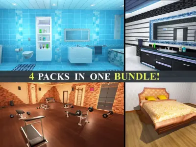 Bundle - Bathrooms Gym and Furniture Props Low-poly 3D model