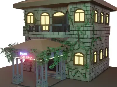 Low Poly Hotel house with lights 3D model