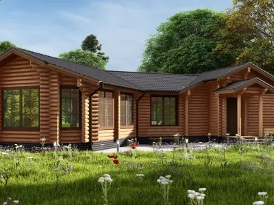 3D model of a wooden bathhouse with a pool 3D model