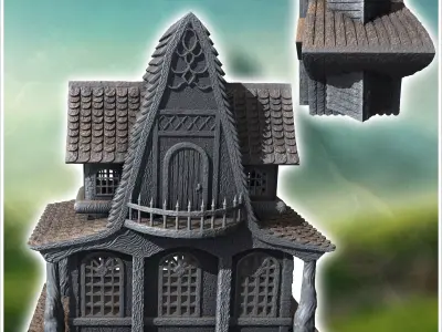Medieval house with rounded tiled roof patterned facade walls an 3D print model