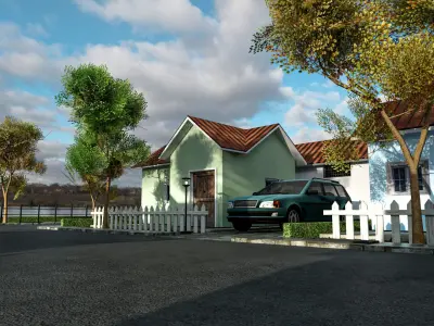 Suburb Neighbourhood Environment with a master house Low-poly 3D model