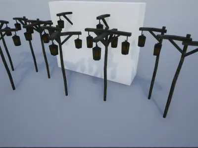 Lowpoly Medieval Wooden Postlamps Low-poly 3D model