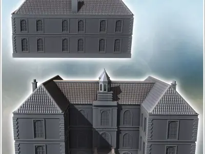 Modern building with bell towers two wings and access staircase  3D print model
