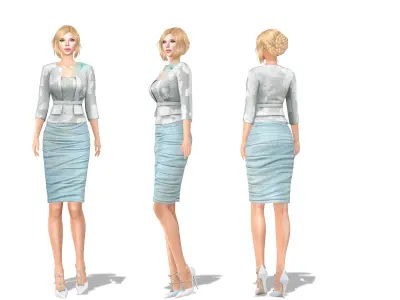 Ladies Belted Jacket Blazer And Horizontally Pleated Skirt Low-poly 3D model