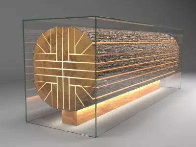 Reception Desk - Sliced Log In Glass Box With Inner Lights 3D model