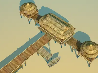 Bungalow - low poly wooden structure with boat Low-poly 3D model