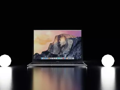 Macbook laptop on table with two light bulbs 3D model