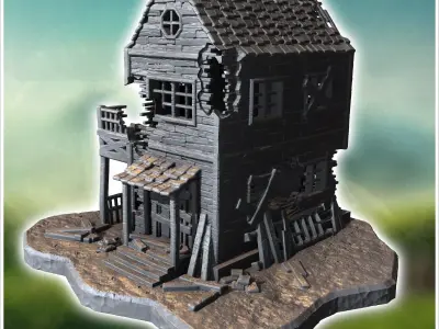 Two-story ruined house with damaged balcony shattered windows an 3D print model