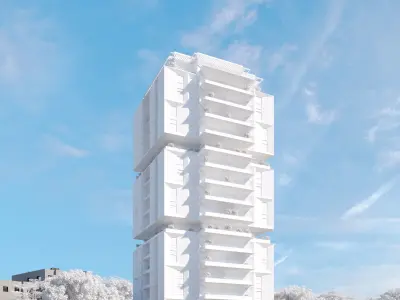 Residential building geometrical facade night time 3D model