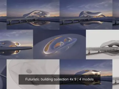 Futuristic building collection 4x 9 3D Model Pack