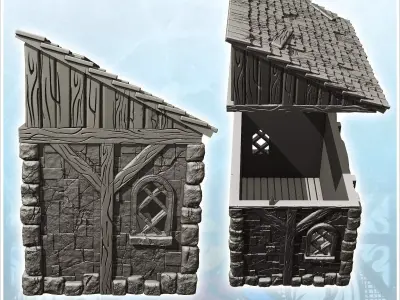 Stone half-timbered annex with large wooden door and tile roof 1 3D print model