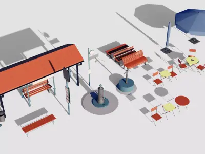 Plaza Exterior Assets 14 Base Mesh Collection Low-poly 3D model