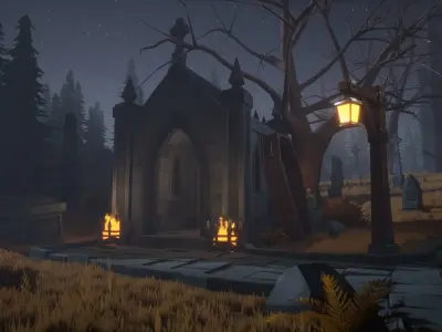 Stylized Graveyard with Church Low-poly 3D model