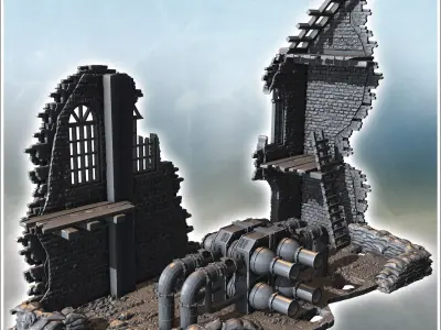 Ruined wall segment with sandbag barricades and exposed pipes at 3D print model