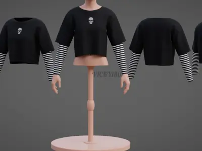 Y2K Grunge Crop top - Goth Stripes Long Sleeve 2piece punk shirt Low-poly 3D model