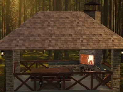 Detailed gazebo with fireplace and lighting 3D model