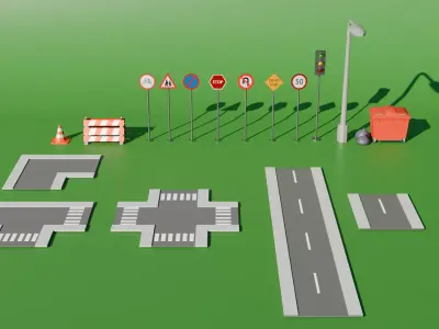 Modular Urban Street  and Traffic Props Pack  Low-poly 3D model