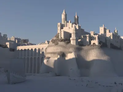 Castle in middle of waterfall Low-poly 3D model