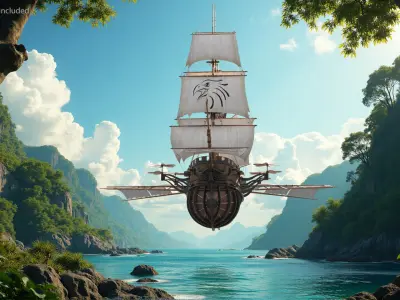  Flying Ship with Floating Island and Pagoda 