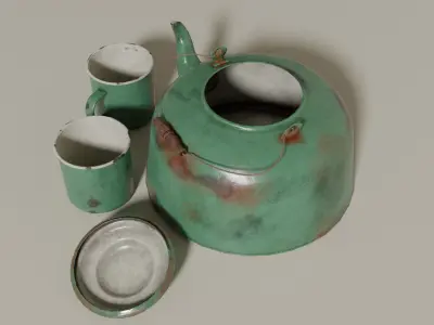 Tin kettle and cups Low-poly 3D model