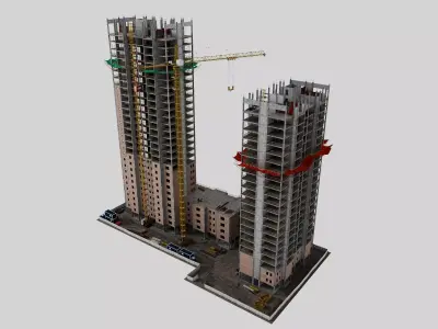 High Rise Construction Site 3D Model Tower Crane Twin Buildings Low-poly 3D model