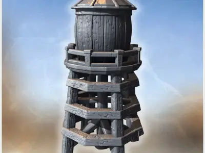 Elevated wooden water tank with conical roof vertical planks and 3D print model