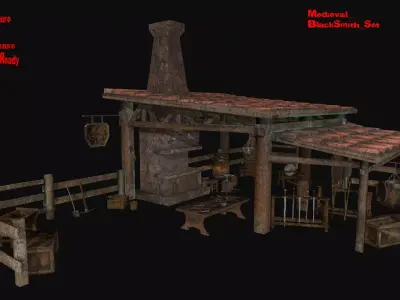 Blacksmith set wooden kitchen with pots and pans Low-poly 3D model