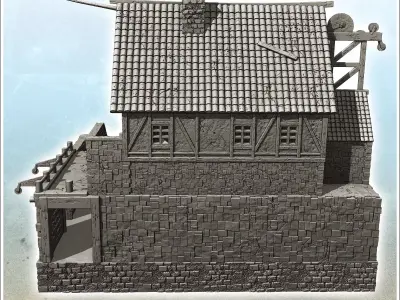 Large medieval building on stone platform with port 9 - Pirate J 3D print model