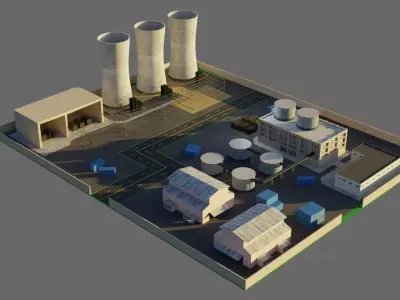Modular Nuclear Power station - Game Ready - PBR Low-poly 3D model
