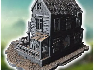 Ruined wooden tavern with broken balconies collapsed porch and d 3D print model
