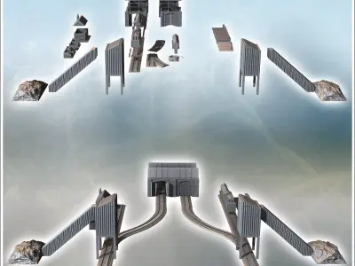 Industrial railway complex with sheds for trains locomotives and 3D print model