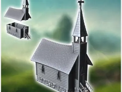 Medieval wooden chapel with a stone base and access stairs 7 - M 3D print model