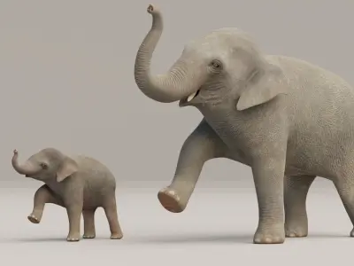 Rigged Adult Elephant And Baby Elephant Low-poly 3D model