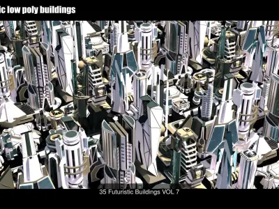 320 Futuristic LowPoly Buildings plus 20 Flying Cars 3D Model Pack