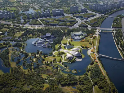 Futuristic Lakeside Cultural Center with Organic Landscape 3D model