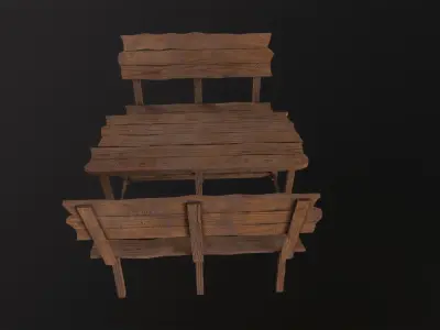 Wooden Table With Bench 3D Model Low-poly 3D model