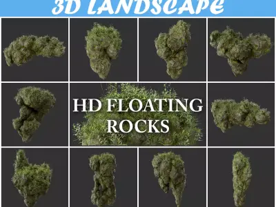 High poly Floating Island Mossy Rock Pack 190502 3D model