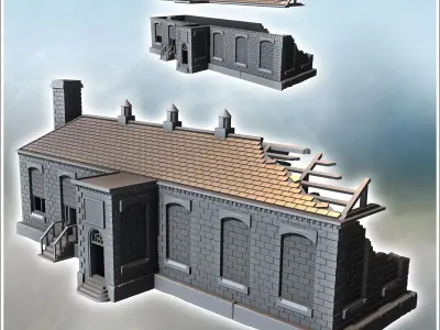 Damaged building with two stairway entrances bricked-up windows  3D print model