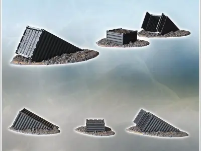Fallen shipping containers lying on rocky ground partially burie 3D print model