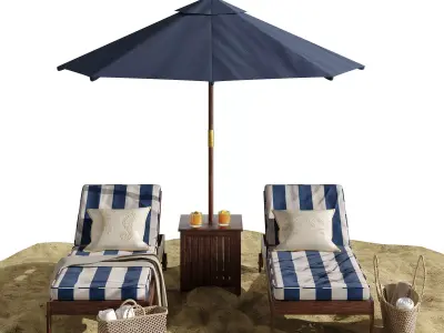 Beach umbrella and chaise longue set 7 3D model