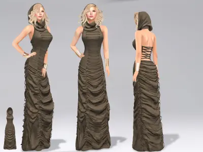 Textured Long Wrinkled Ruffled Hooded Dress Low-poly 3D model