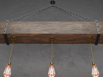 Wooden chandelier with forging elements and incandescent lamps 3D model