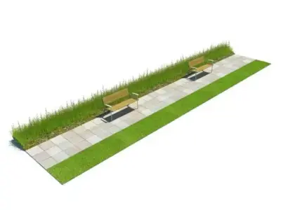 Outdoor Sidewalk With Benches 3D model