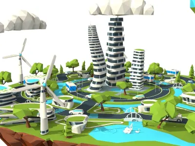 city lowpoly on island with wind turbines Low-poly 3D model