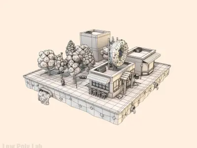 Cartoon City Block Dount Cafe Building Low-poly 3D model