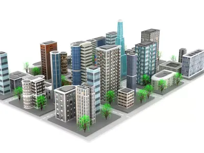 Low Poly City with buildings and trees Low-poly 3D model purchase